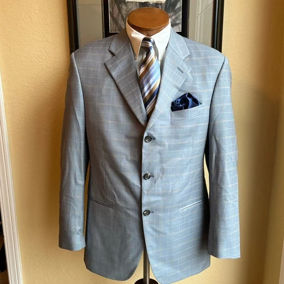 Marzotto Sartoriale Fine Italian Wool Light Blue Windowpane Jacket Size 40R